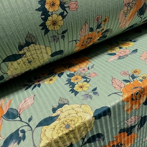 Spandex stretch ribjersey, per meter - bloemen bloemenprint - mintgroen