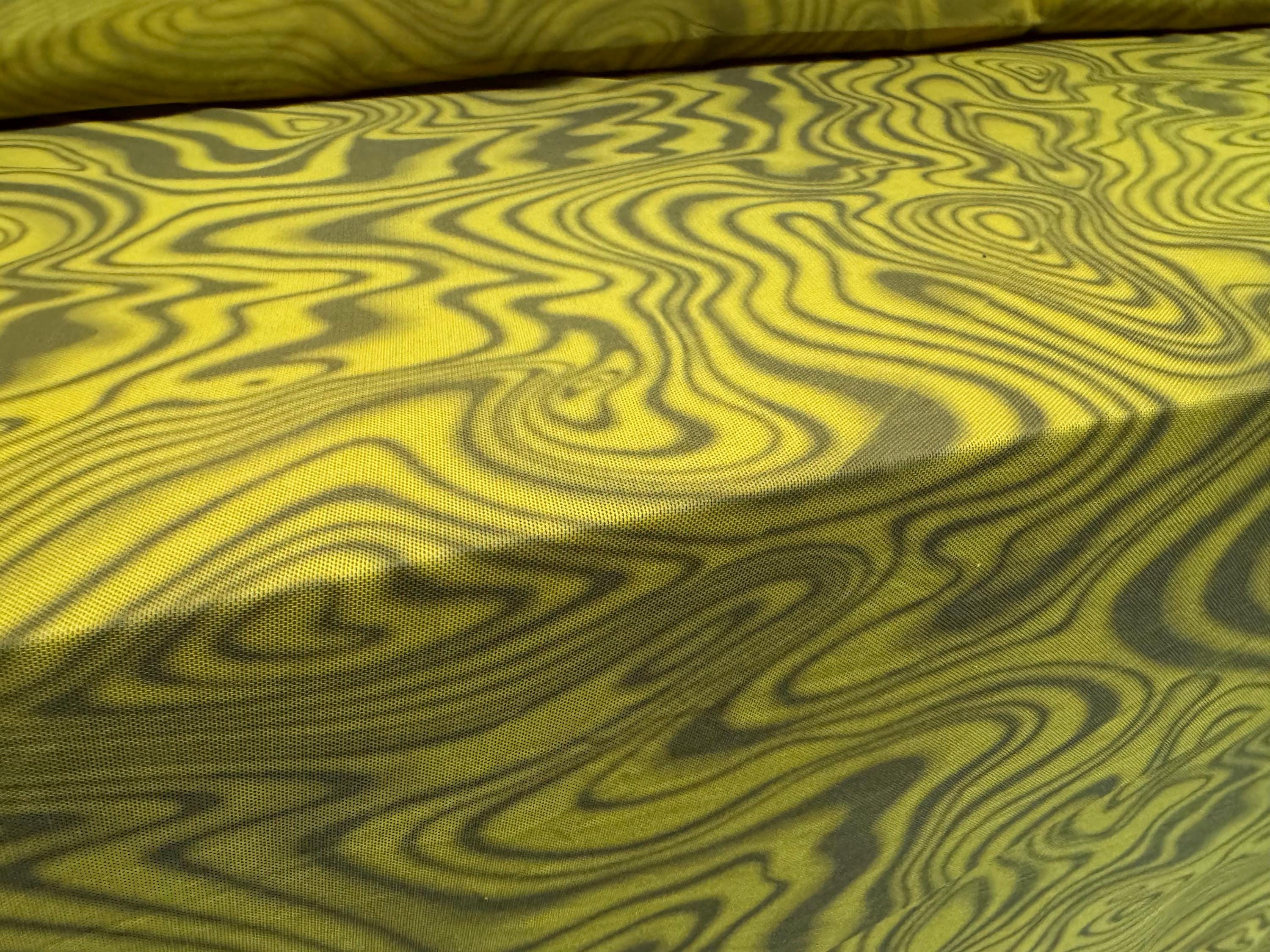 Power mesh net stretch spandex fabric, per metre - swirl print - mustard