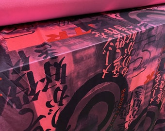 Printed ITY stretch spandex Jersey fabric, per metre - Japanese symbols print - pink