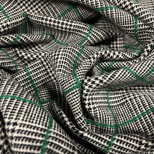 Wool blend coat jacket fabric, per metre - Prince of Wales check - grey & emerald green