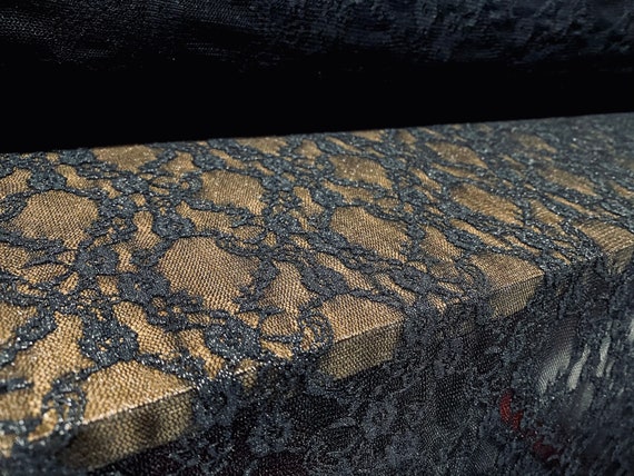 stretch lace dress fabric Stretch Lace Dress Fabric, per Metre - Navy With Metallic Gold Sparkle Rose  Design