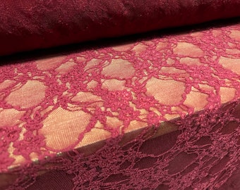 Stretch spandex mesh lace fabric, per metre - floral pattern - redcurrant