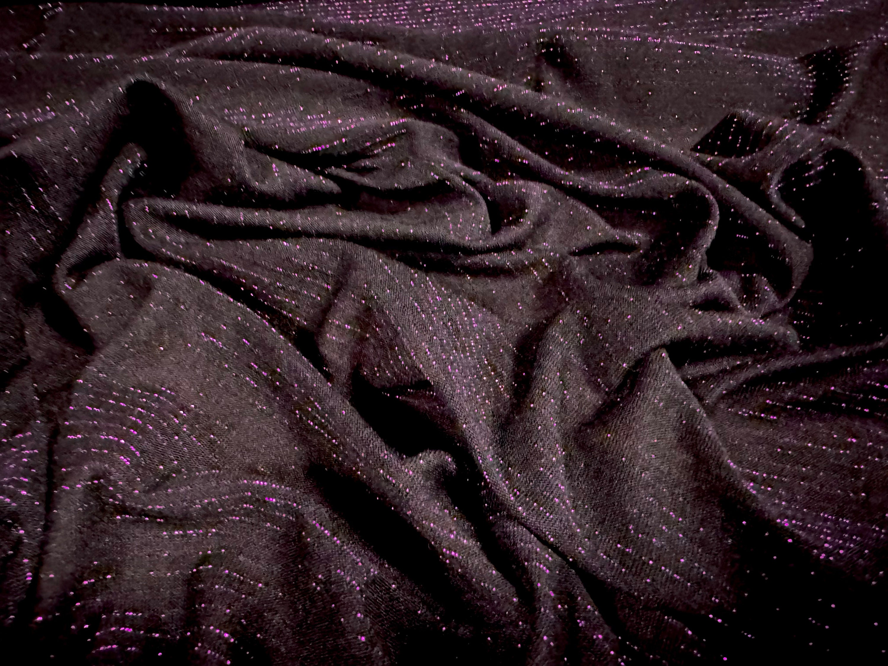 Metallic single jersey fashion fabric, per metre - pinstripe - black with magenta lurex sparkle