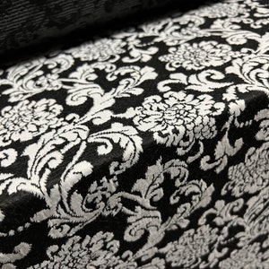 Doppelter Jerseystoff, Meterware - Blumendamast Jacquard - schwarz & weiß