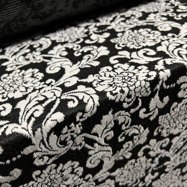Double jersey knitwear fabric, per metre - floral damask jacquard - black & white