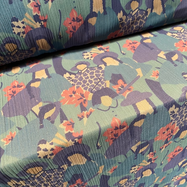 Printed chiffon yoryu dress blouse fabric, per metre -  flower women print - teal & pink