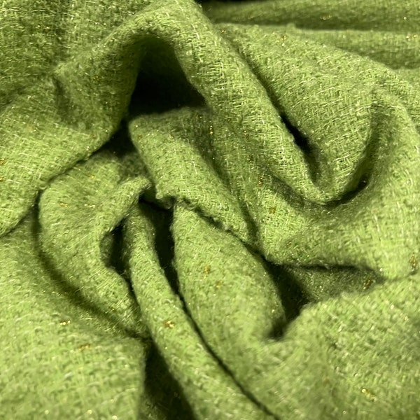 Tissu de veste de manteau bouclé épais en mélange de laine avec éclat lurex, par mètre - vert et or