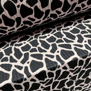 Spandex rib stretch jersey fabric, per metre - giraffe animal print - black & oyster