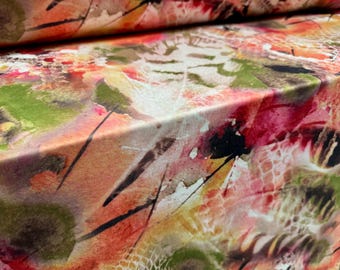 Stretch spandex interlock jersey fabric, per metre - feathers and animal print - pink & green