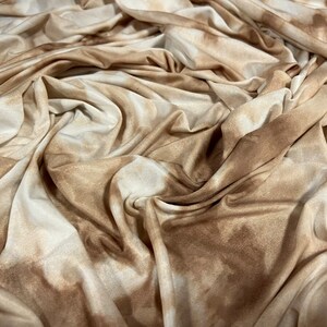 Soft touch stretch spandex jersey fabric, per metre floral tie dye print cream & brown image 3