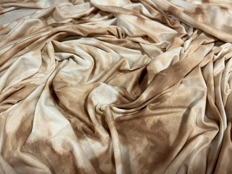 Soft touch stretch spandex jersey fabric, per metre floral tie dye print cream & brown image 3