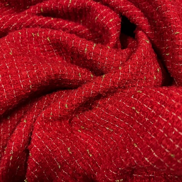 Wool blend heavyweight bouclé coat jacket fabric with lurex sparkle, per metre - red & gold