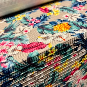 Stretch Spandex Ottoman Rib Jersey Fabric, Per Metre - Hawaiian Garden print - grey with multicolour flowers