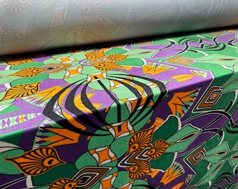 Spandex Samt Stretch Kleiderstoff, Meterware - retro abstrakter Druck - grün & lila
