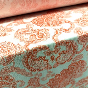 Piqué textured jersey fabric, per metre - paisley print - orange & white