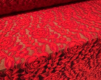 Rose design stretch lace dress fabric, per metre - Red