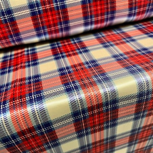 Silky Satin woven dress fabric, per metre - tartan print - red cream & blue watch