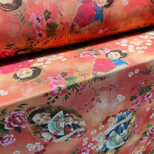 Power Mesh Netz Stretch Elasthan Stoff, meterware - Frauen und Blumen Print - pink & orange