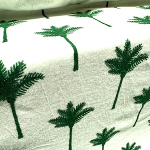 Tessuto di spugna di cotone a taglio corto, al metro - stampa di palme - bianco e verde