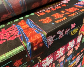 Power mesh net sheer stretch fabric, per metre - Chinatown neon city lights print