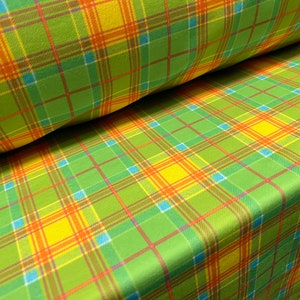 Double jersey stretch spandex fabric, per metre - tartan check print - green & orange