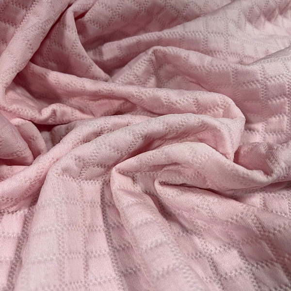 Mock quilted double jersey spandex fabric, per metre - geometric squares design - baby pink