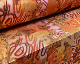 Disco shimmer stretch jersey fabric, per metre - festival graffiti print - orange & pink