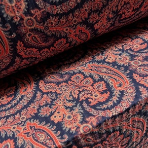 Recycled Spandex rib stretch jersey fabric, per metre - paisley print - navy blue & coral pink