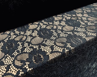 Stretch spandex corded lace fabric, per metre - flower design - scalloped selvedge - black