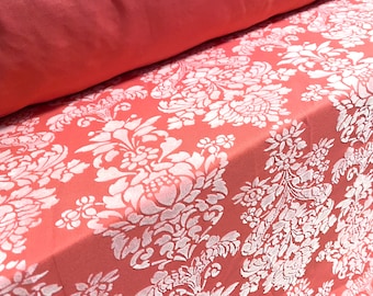 Double jersey stretch fabric, per metre - flocked fleur de lys print - coral