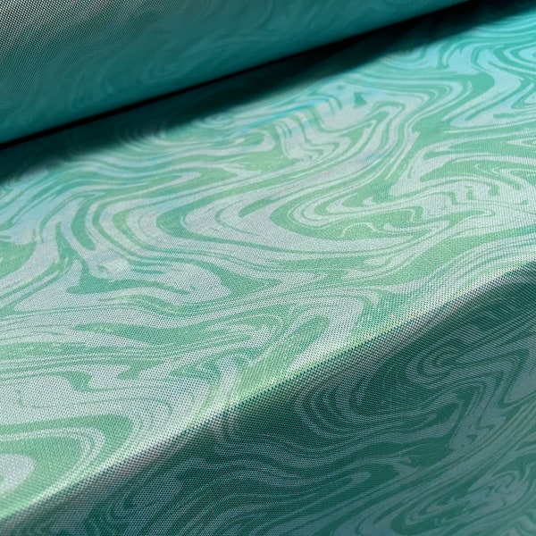 Power mesh net sheer stretch spandex fabric, per metre - retro swirl print - turquoise & green