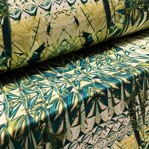 Scuba textured ‘Liverpool’ stretch spandex jersey fabric, per metre - Kaleidoscope print - emerald green & gold