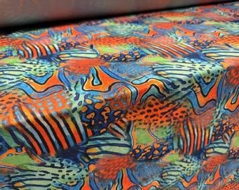 Swimwear stretch spandex jersey fabric, per metre - coral reef print - blue jade & orange