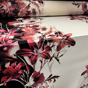 ITY stretch spandex jersey fabric, per metre - jumbo lily flower print - black ivory & pink