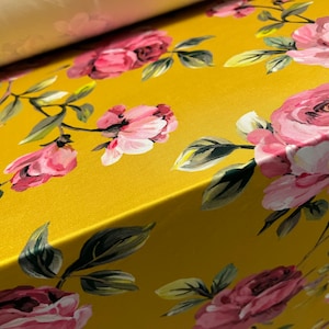 Soft touch stretch spandex jersey fabric, per metre - rose flower print - mustard & pink