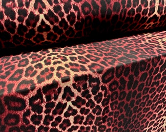 Power mesh stretch spandex crepe fabric, per metre - leopard print - berry red