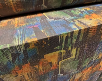 Metallic slinky stretch spandex jersey fabric with gold lurex, per metre - city skyscraper print - multicolour