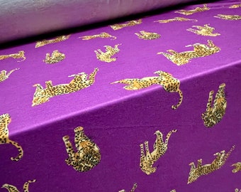 Soft handle stretch single jersey fabric, per metre - cheetah animal print - purple & gold