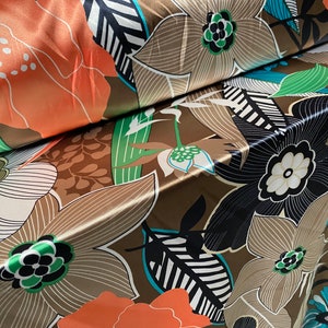 Silky Stretch charmeuse satin dress fabric, per metre - multicolour flower print - bronze