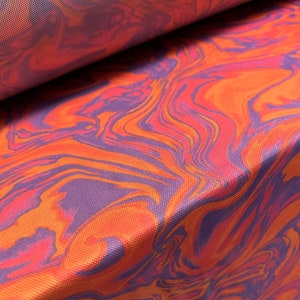 Power mesh net stretch spandex fabric, per metre - retro swirl print - orange & violet