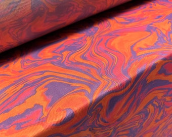 Power mesh net stretch spandex fabric, per metre - retro swirl print - orange & violet