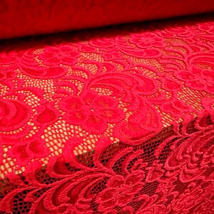 Soft stretch lace dress fabric with scalloped selvedge, per metre - floral - bright red