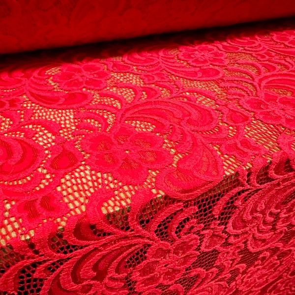 Soft stretch lace dress fabric with scalloped selvedge, per metre - floral - bright red