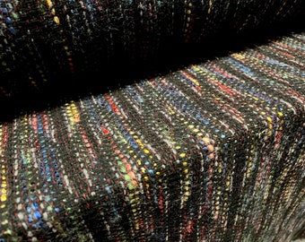 Wool blend bouclé fabric, per metre - black with multicolour slub design