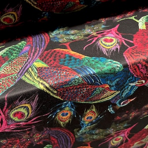 Scuba neoprene style stretch spandex double jersey fabric, per metre - peacock feathers print - multicolour
