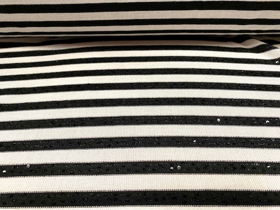 Sequin Sparkle Stripe Jersey Knit Fabric, per Metre Black & White 