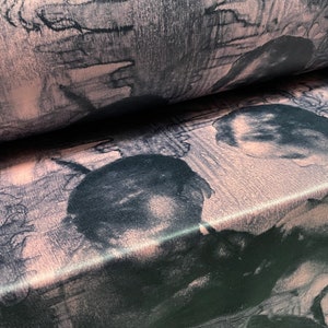Coated Double jersey stretch spandex fabric, per metre - women and angels print - dusky pink & grey