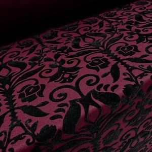 Scuba neoprene stretch double jersey fabric, per metre - Flocked fleur de lys print - burgundy & black
