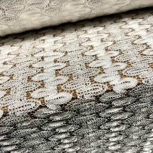 Metallic crochet lace stretch spandex fabric, per metre - white & silver