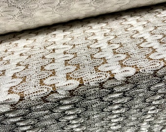 Metallic crochet lace stretch spandex fabric, per metre - white & silver